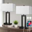 Modern Table Lamps Set of 2-22" Tall Bedside Lamps with USB-C/USB-A Charge Ports & Outlet, Stepless Dimmable Fabric White Shade Nightstand Lamps for Bedroom & Living Room