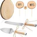 Beeveer 6 Pcs Cake Topper Knife Server Wooden Slice Set Rustic Wedding Decorations Mr and Mrs Cake Topper Table Decor for Bride Groom Valentines Day Glasses Anniversaries Centerpieces