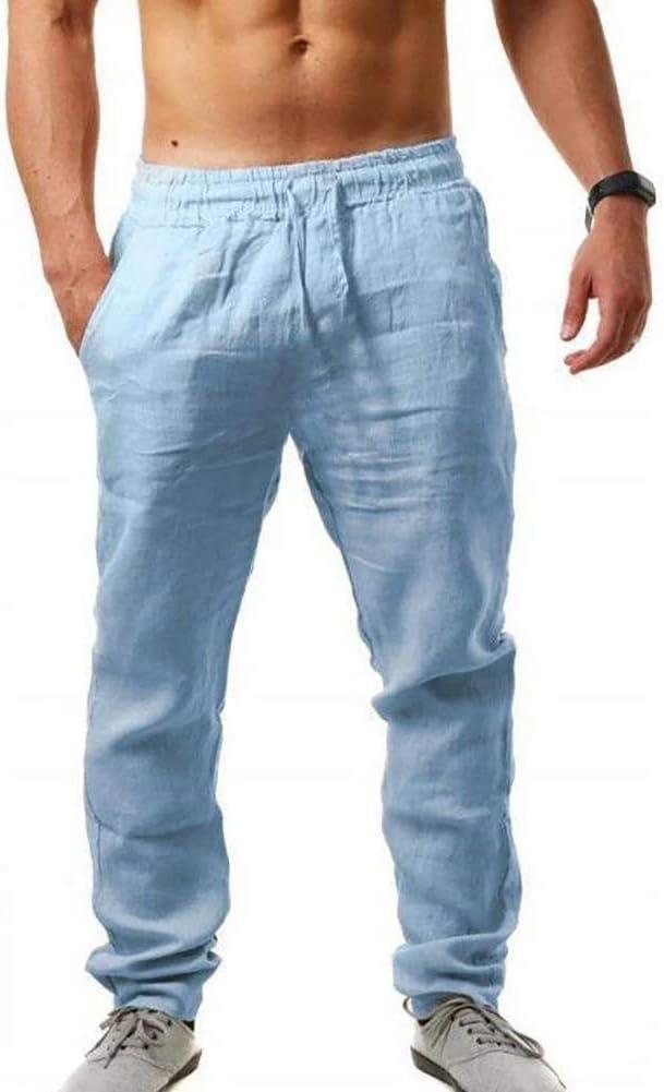 MorwenVeo Men's Linen Pants Casual Drawstring Yoga Beach Trousers Lightweight Loose Fit Elastic Waist Summer Pant (Large, Blue)