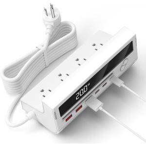 10-in-1 USB Charging Station, 4 Outlets Power Strip with 6 USB, 5 FT Long Extension Cord, 45° Flat Plug, 20W Fast Mulit Charging Station for Home Office Travel Plug Extension Outlet (White)