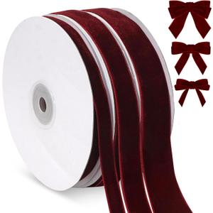 Vintage Burgundy Velvet Ribbon, 3 Rolls Thin Maroon Velvet Ribbon for Gift Wrapping, Maroon Christmas Ribbons for Christmas Tree Ornaments, Holiday Decor, Wreaths, 3/8, 5/8, 1 inch Wide, 30 Yards Total