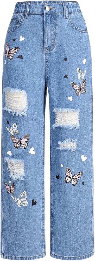 WDIRARA Girl's Butterfly Print High Waisted Ripped Jeans Distressed Straight Leg Denim Pants, Size: 12Y