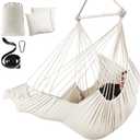 Chihee Hammock Chair Hanging Chair with Foot Rest 2 Cushions Max 500lbs Robust Metal Spreader Bar Collapsible Easy Storage Soft Cotton Swing Chair Strong Strap Iron Carabiner Side Pocket Included (Creamy White)