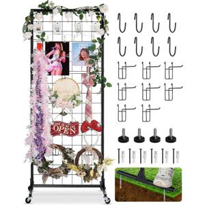 Gridwall Panel Display Stand Rack- Heavy-Duty Movable Wire Gridwall Display Racks with Wheels and Feet, Floorstanding and Wall Mount Double Side Display Stand (Black) (Black, 1 pc)