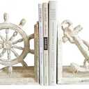 Anchor Bookends Decorative, Anchor and Nautical Ship Wheel Bookends Set,Heavy Duty Cast Iron Book Holder, Book Ends for Shelves Living Room Home Office, Antique Blue, 1 Pair/2Pieces (Antique White)