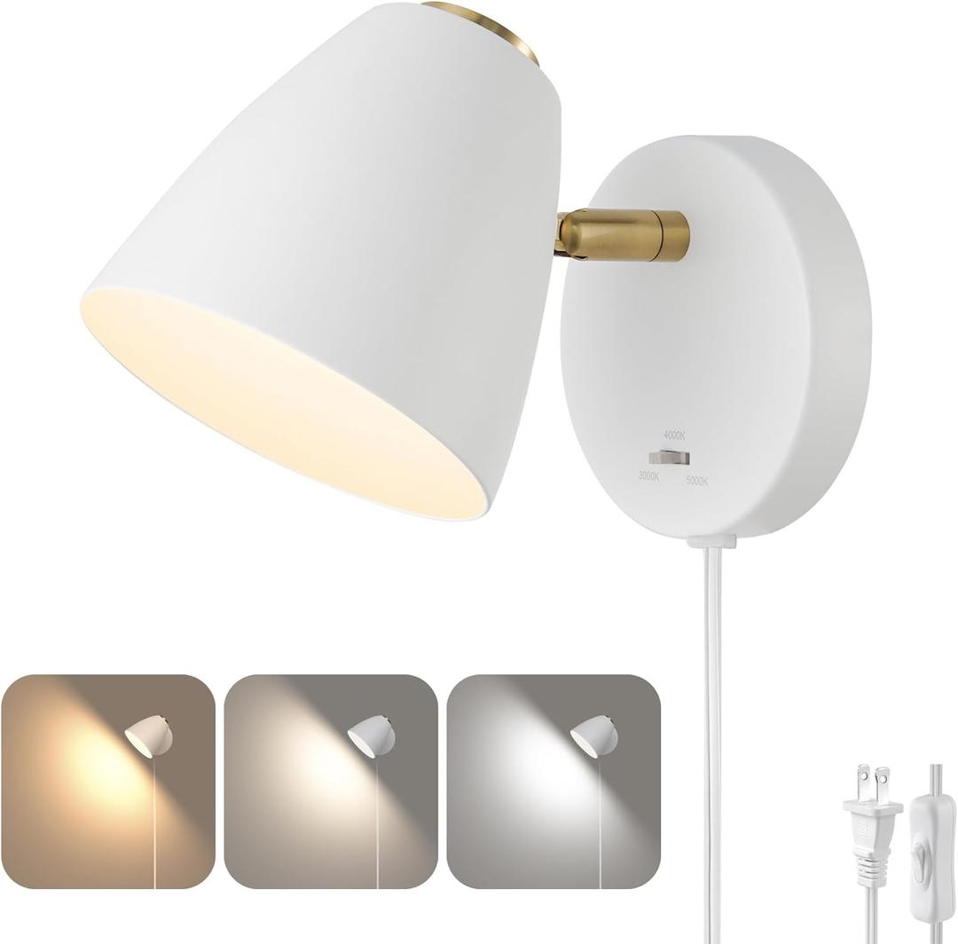 Modern Plug in Wall Light, Adjustable Angle 100&330Small White Plug in Wall Sconce, 3 Color Changeable Indoor Sconce Wall Mounted Reading Light, LED Wall Lamp as Kid Room Living Room Bedroom