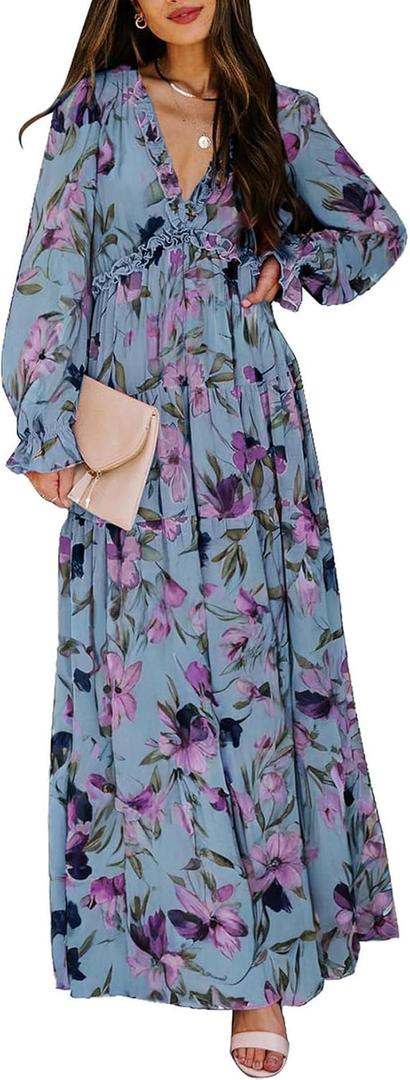 BLENCOT Womens Casual Boho Floral Printed V Neck Long Sleeve Long Maxi Dress Spring Summer Dresses (Blue, L)