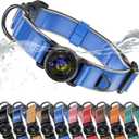 AirTag Dog Collar, Waterproof Reflective Leather Dog Collar with AirTag Holder and Magnetic Buckle, Heavy Duty Pet Collar for Small Medium Large Dogs, Blue