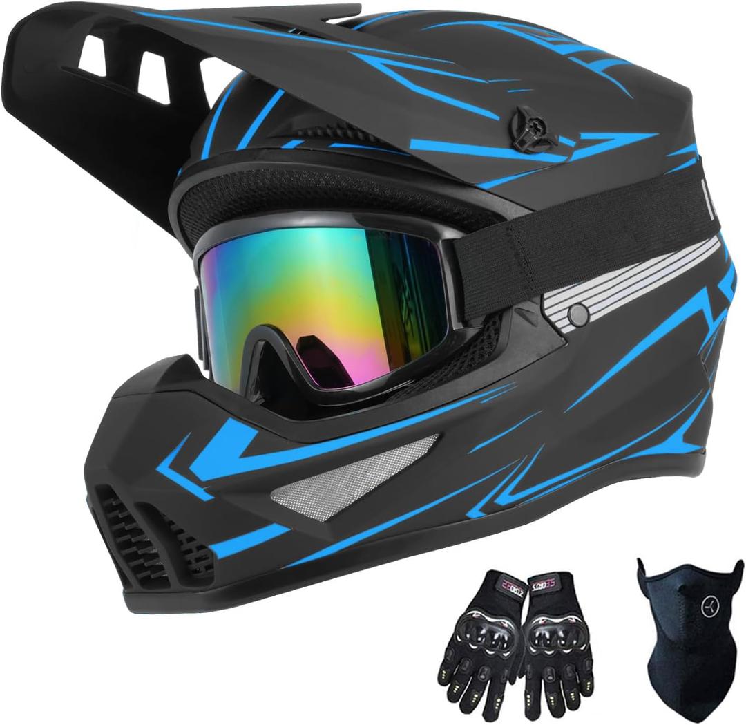 TTMiku Blue Adult Dirt Bike ATV Motocross Helmet DOT Approved, Medium