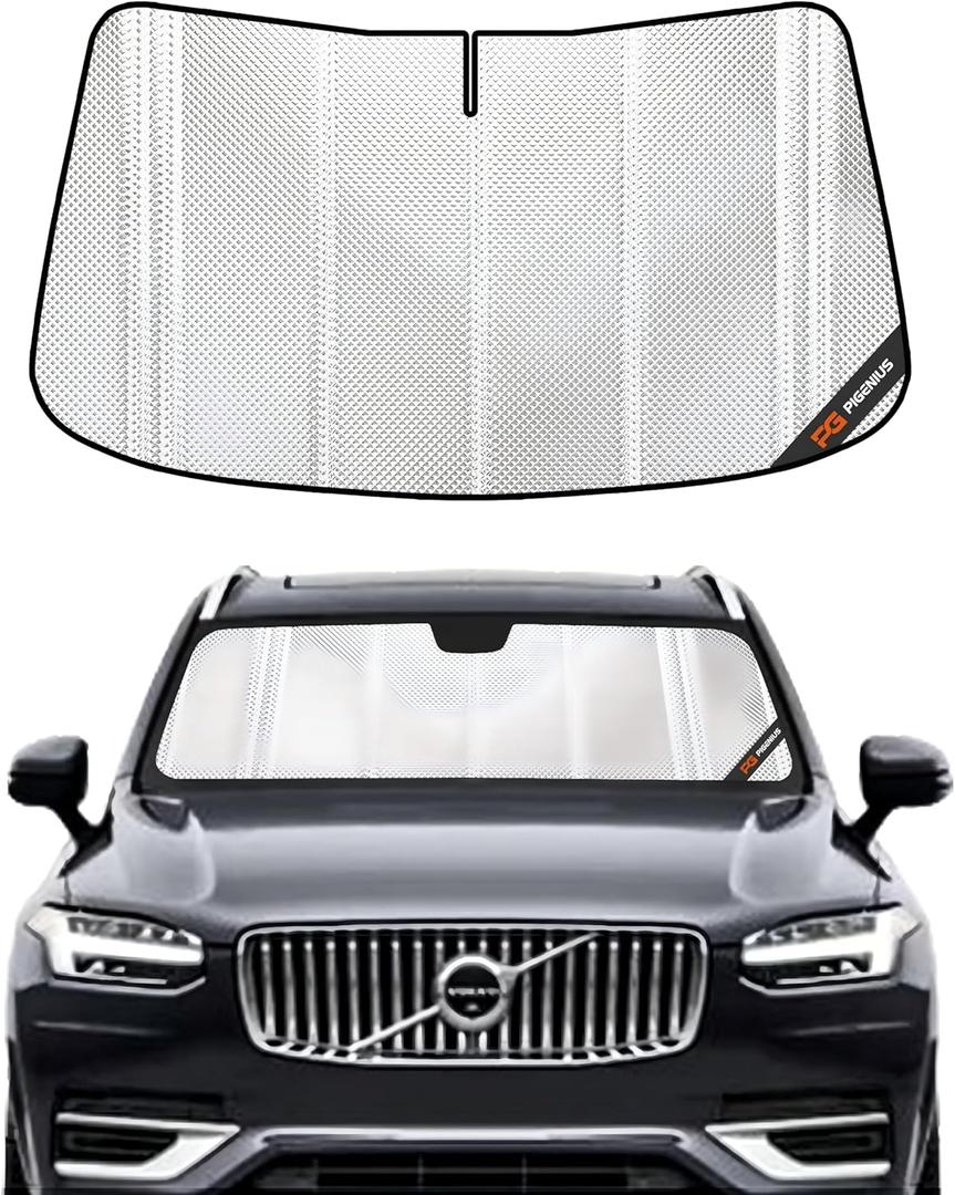 Windshield Sun Shade for Volvo XC90 2016-2026. Full Coverage Rearview Mirror Shade for Ultimate Protection (Shiny Silver (Upgrade))