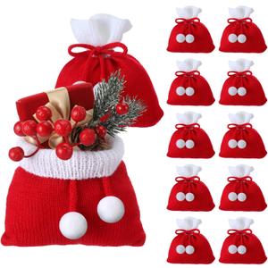 Sweetude 12 Pcs Christmas Knit Santa Bag with Drawstring Small Christmas Red Santa Gift Bags Knitted Presents Drawstring Pouches for Xmas Candy Wedding Supplies, 6.5 x 5.1 Inches