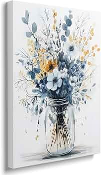 FOEIX Bathroom Wall Art Pictures Wall Decor Canvas Framed Wall Art Paintings Abstract Floral Rustic White Blue Flowers Artwork for Bedroom Living Room Kitchen Dinging Room Office (20x20 inches)