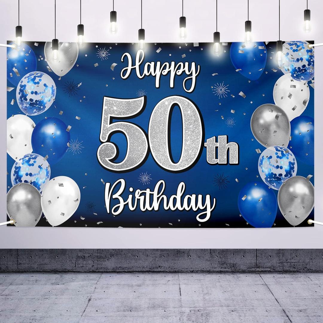 Happy 50th Birthday Decorations,50th Blue & Silver Balloon Large Birthday Banner Backdrop Sign - Cheers to Fifty Years Old Bday Party Supplies.