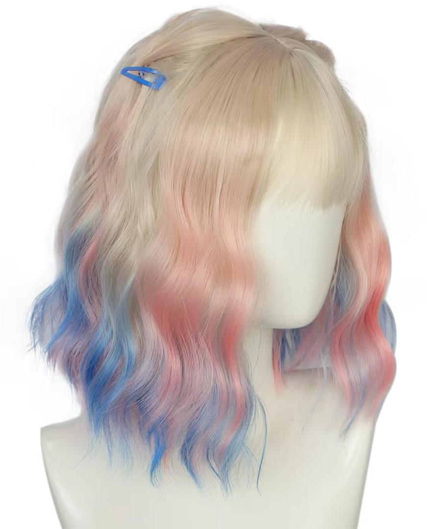 Unicorn Wave Hair Wig & 2 Hair Clip Sets, with Pink Blue Ombre Highlights & School Bangs for Women Costume Party Accessory, Perfect for Cosplay & Halloween, Free Hair Net