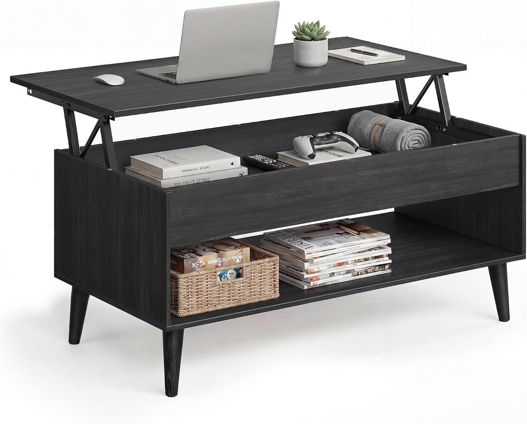 VASAGLE Lift Top Coffee Table, Lift Tabletop Dining Table, Gas Spring, Hidden Compartment, Open Storage Shelf, for Living Room, Home Office, Charcoal Gray ULCT268BA01S