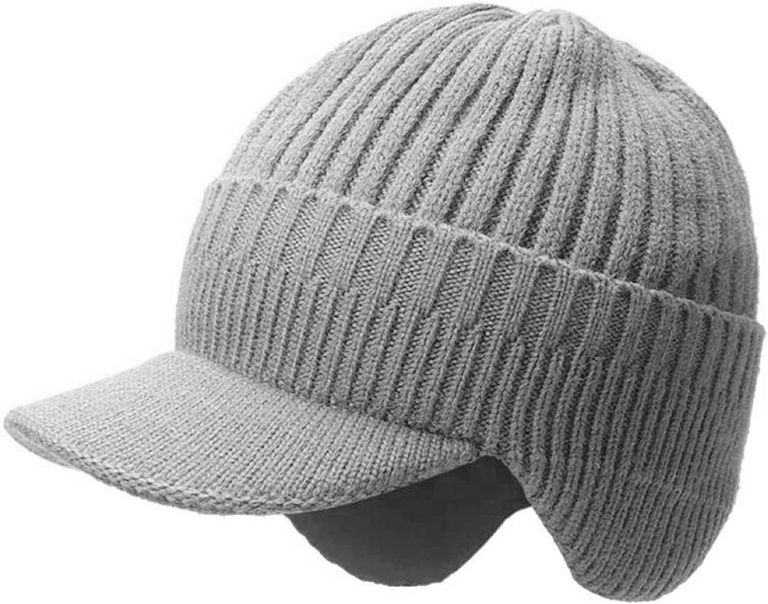 Winter Hat with Brim and Ear Flaps for Men, Knitted Hat with Fleece Lining for Warmth Caps for Men Women (Grey)