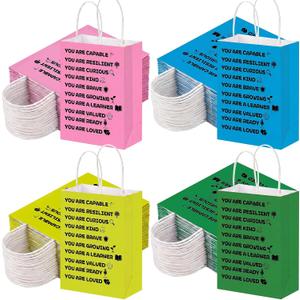 Sweetude 48 Pcs Back to School Paper Gift Bags with Handles for Students Bulk Colorful Motivational Paper Bags for Primary School Classroom Prize Sunday Gift Kindergarten Preschool, 4 Colors, 1 Count