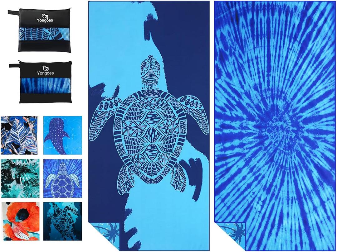 2 Pack Microfiber Lightweight Thin Beach Towel Sand Free Quick Dry Super Absorbent Large Towels for Swimming Pool Yoga Gym Travel Vacation Beach Accessories Essentials for Adults (2 Pack Navy Blue Turtle Tie Dye)
