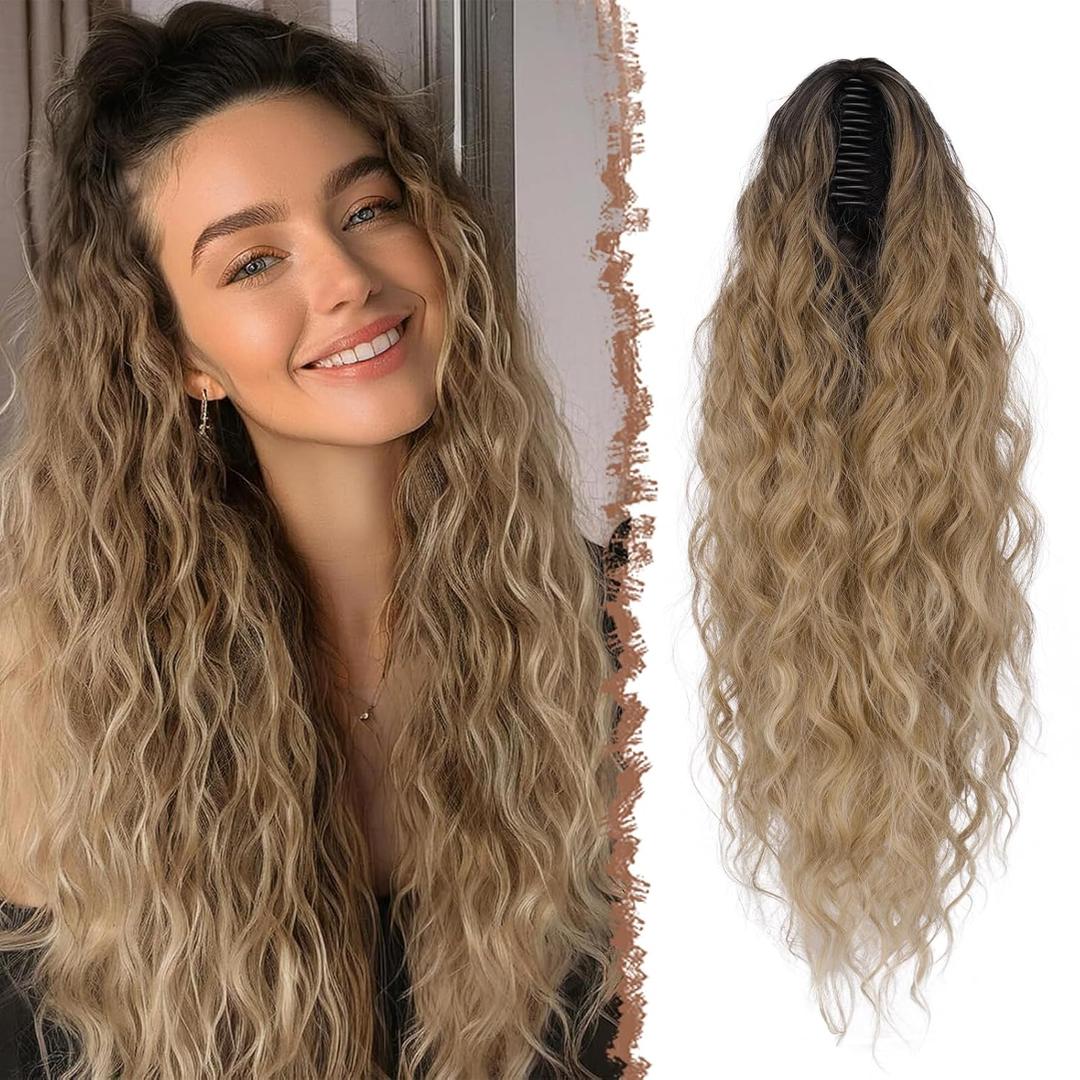 FESHFEN Claw Clip Ponytail Extensions - Long Pony Tail Hair Piece Wavy Curly Synthetic Hairpieces for Women, Ombre Brown Mix Blonde 30 inch