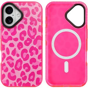 SAKUULO Magnetic for iPhone 16 Plus Case Hot Pink Leopard Print Pattern [Compatible with MagSafe] [with Screen Protector] Wireless Charge Strengthen Protection Cover, Hot Pink Leopard (6.7")
