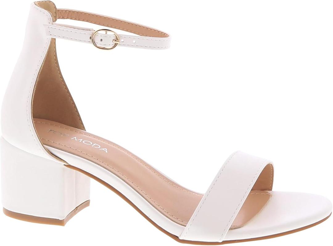 TOP Moda Darcie-1 Ankle Strap Dressy High Heel Sandal, Non-slip Sole, For Wedding, Party, Prom, Evening Wear, or Any Occasion, Sleek Style Block Heel Sandals, White PU, 5.5