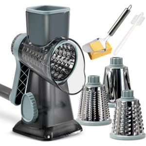 KEOUKE Rotary Cheese Grater with Handle Vegetable Cheese Shredder Slicer Grater for Kitchen 3 Changeable Blades for Cheese Potato Zucchini Nuts Chocolate - GreyBlue (Grey Blue SP)