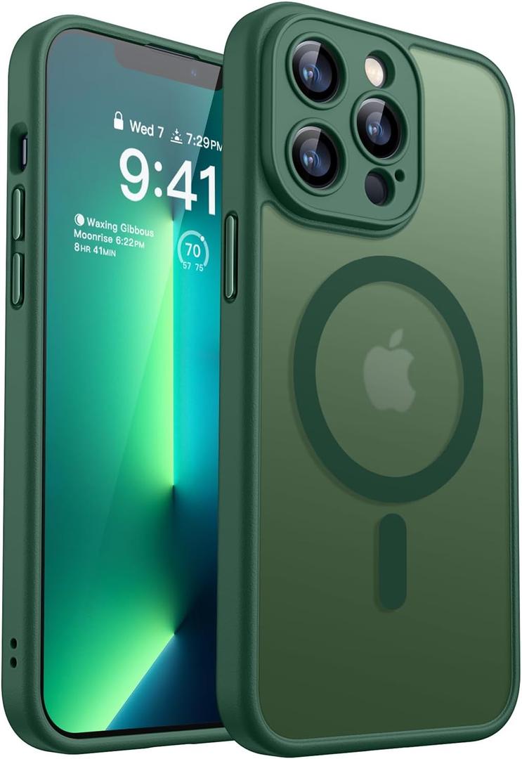 CANSHN Magnetic Compatible with iPhone 13 Pro Case, Upgraded [Full Camera Protection] [Compatible with Magsafe] [Translucent Matte] Shockproof Protective Phone Case Cover 6.1 Inch - Deep Green