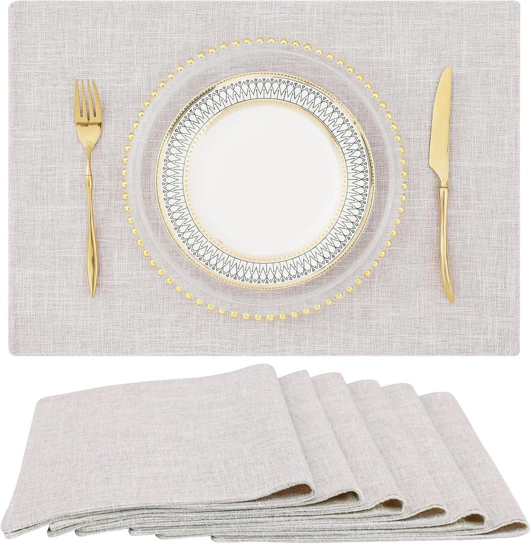 homing Neutral Beige Cloth Placemats Set of 6  Cotton Linen Blend Washable Farmhouse Dining Table Mats for Indoors & Outdoors, Easy to Clean, 13 x 19 Inch (6 PCs)