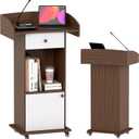 Podium Stand with Metal Wheels Wooden Lectern Podium Stand Portable Pulpit Standing with Storage Mobile Reception Podiums for Church Office School Conference Restaurant Meeting,Brown White