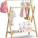 BAMBOOHOMIE Kids Clothing Rack, Small Clothes Rack for Toddler Pets, Kids Dress Up Rack with Storage Shelf & Double Rods, Foldable Kids Clothes Rack for Nursery Child's Room (Regular Size)