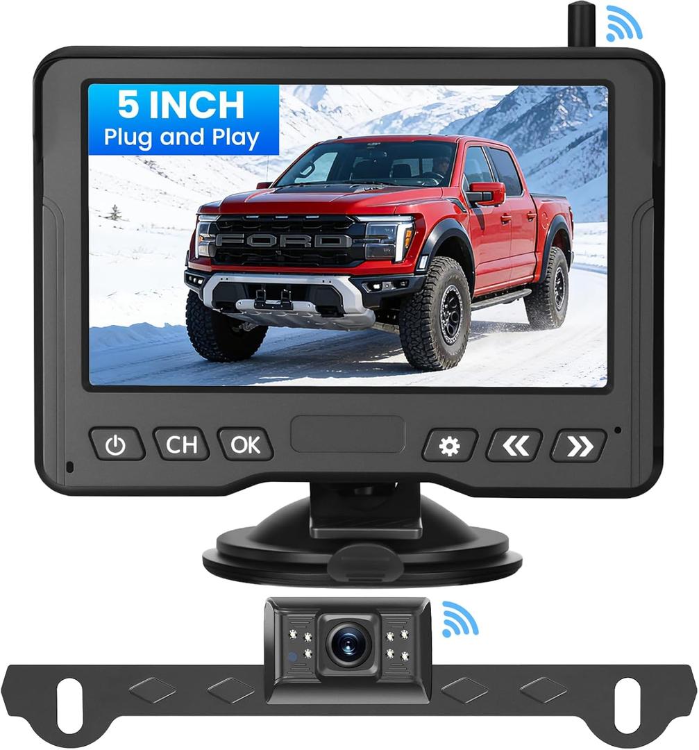 Wireless Backup Camera for Car Plug-Play: 5" HD 2 Channel Monitor Easy Setup 1080P No-Delay No Drill IP69K Waterproof IR Night Vision Optional Dual Brackets Back Up Camera for Car/SUV/Pickup/Van