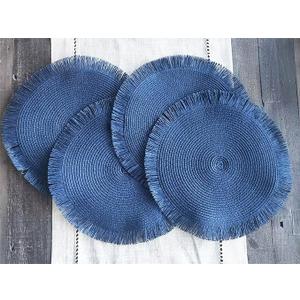 Fennco Styles Handwoven Fringe Boho Placemats 15" Round, Set of 4 - Navy Blue Braided Texture Table Mats for Home, Dining Room, Banquets, Family Gathering and Special Occasion