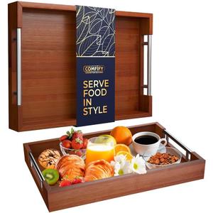 Modern Bamboo Serving Tray with Metal Handles  Stylish Wooden Ottoman Tray for Entertaining & Serving Food - Dark Brown, Eco-Friendly and Versatile Design (16.9")