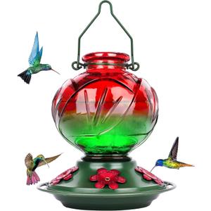 BOLITE Hummingbird Feeder, Glass Hummingbird Feeders for Outdoors Hanging, 22 Ounce, Five Feeding Ports with Perch, Peony Flower Shape, Red and Green, Gifts for Women Men, Gifts for Mom Dad