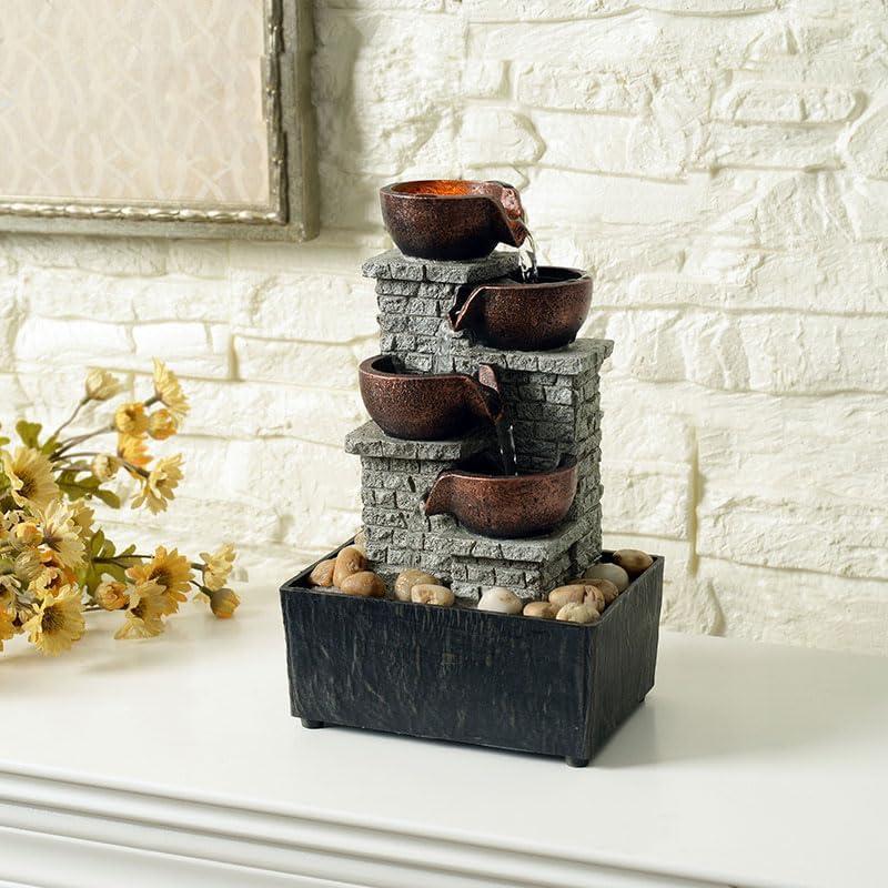 Kalona 4-Tier Cascading Bowl Fountains Indoor Waterfall Fountain Relaxation/Meditation Tabletop Fountain Artistic Peaceful Desk Fountains with Reflective Lighting/Rocks Home/Office Decoration(21132B)