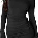 HOT ROEE Women's Going Out Bodycon Long Sleeve Round Neck Ruched Party Club Mini Dresses (Medium, Black)