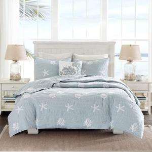 4 Piece Chic Grey Blue White King/Cal King Coverlet Set, Beach Themed Bedding Seashell Starfish Stylish Trendy Modern Pretty Nautical Beach Seaside Coastal Cute Coral, Cotton