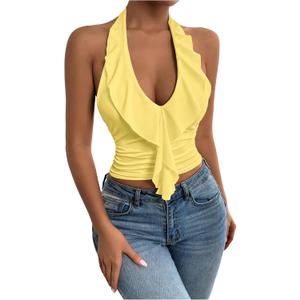 SOLY HUX Women's Ruffle Trim Halter Tops Ruched V Neck Sleeveless Going Out Crop Tops (L)