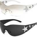 Rimless Y2K Sunglasses Star Wrap Around Glasses 2000S Accessories for Women Men Trendy Fashion Cool Shield Shades (Black/ Black, Transparent/ Transparent)