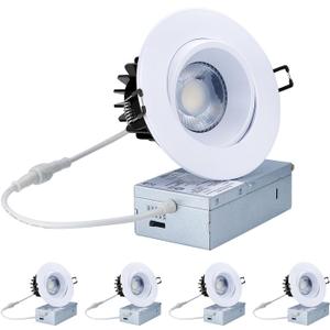 Canless Recessed Gimbal Downlight - Suitable for 20ft High Ceiling 1200lm 4 Inch 15W LED Rotatable Eyeball Spotlight, 5CCT Dimmable Lights with Junction Box, Anti-Glare White 4 Pack