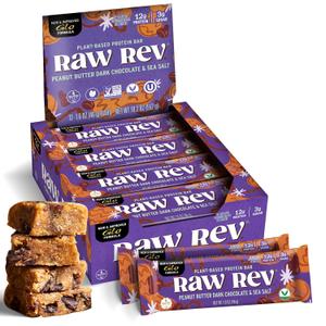 Raw Rev Vegan Protein Bars- Peanut Butter Dark Chocolate & Sea Salt, 12 bars, Non-GMO, Plastic-Neutral, Nothing Artificial, Glo Formula, Gluten-Free, Keto-Friendly, Paleo, Kosher, No Sugar Alcohols, No Stevia (EXP 11/04/26)