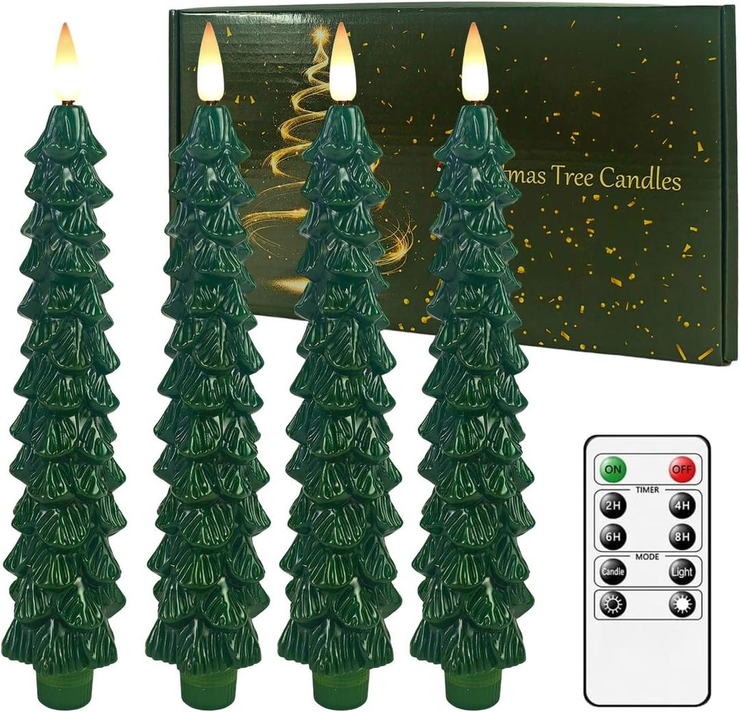 Christmas Tree Flameless Taper Candles with Remote and Timer, Battery Operated Warm 3D Wick Flickering Green Candles LED Window Candlesticks Holiday Decor Set of 4