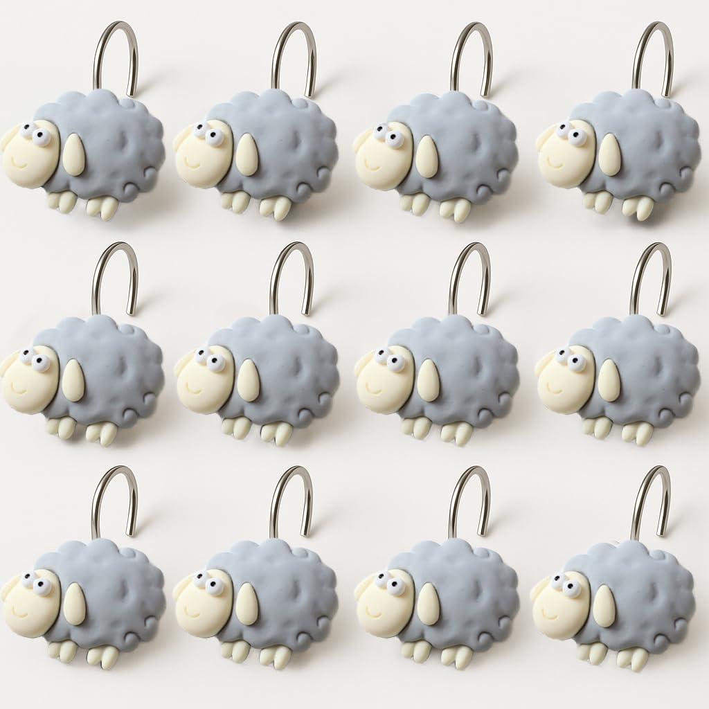 YOINIUEM Grey Sheep Resin Shower Curtain Hooks 12 Pack Cute Animal Shower Curtain Hooks Decorative Bathroom Accessories