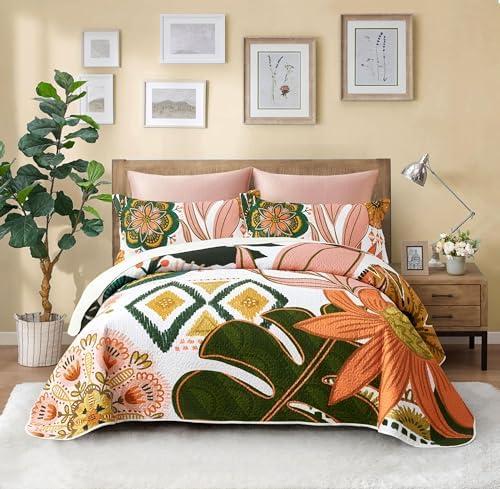 Tyrot 3 Piece Boho Floral Full/Queen Quilt Sets Farmhouse Botanical Reversible Lightweight Bedspread Coverlet with 2 Shams Mid Century Leaves Microfiber Bedding Quilts Set for All Season, 90''x96''