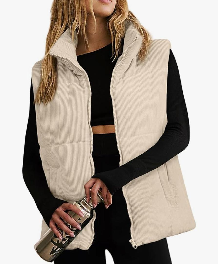 EVALESS Corduroy Puffer Vest for Women Lightweight Stand Collar Sleeveless Jackets Zip Up Clothes Fashion 2025, Medium