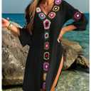 SweatyRocks Women's Floral Crochet Coverups Dress 3/4 Sleeve V Neck Sheer Beach Cover Up Dress Black X-Large