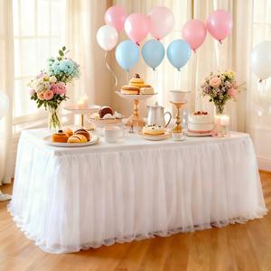 1-Pack White 2-in-1 Tulle Tablecloth for 6-Foot Rectangular Table Stretch Fitted Table Skirt & Cover for Baby Shower, Bridal, Birthday, Princess Party
