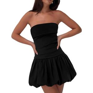 HYPERFIRE Women's Elegant Strapless Tube Bubble Mini Dress Bow Back Dresses Wedding Club Party Large, Black