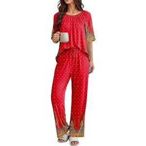 Ekouaer Pajamas for Women Set Short Sleeve Printe Lounge Sets Soft Pjs Round Neck Loungewear with Pockets, XL