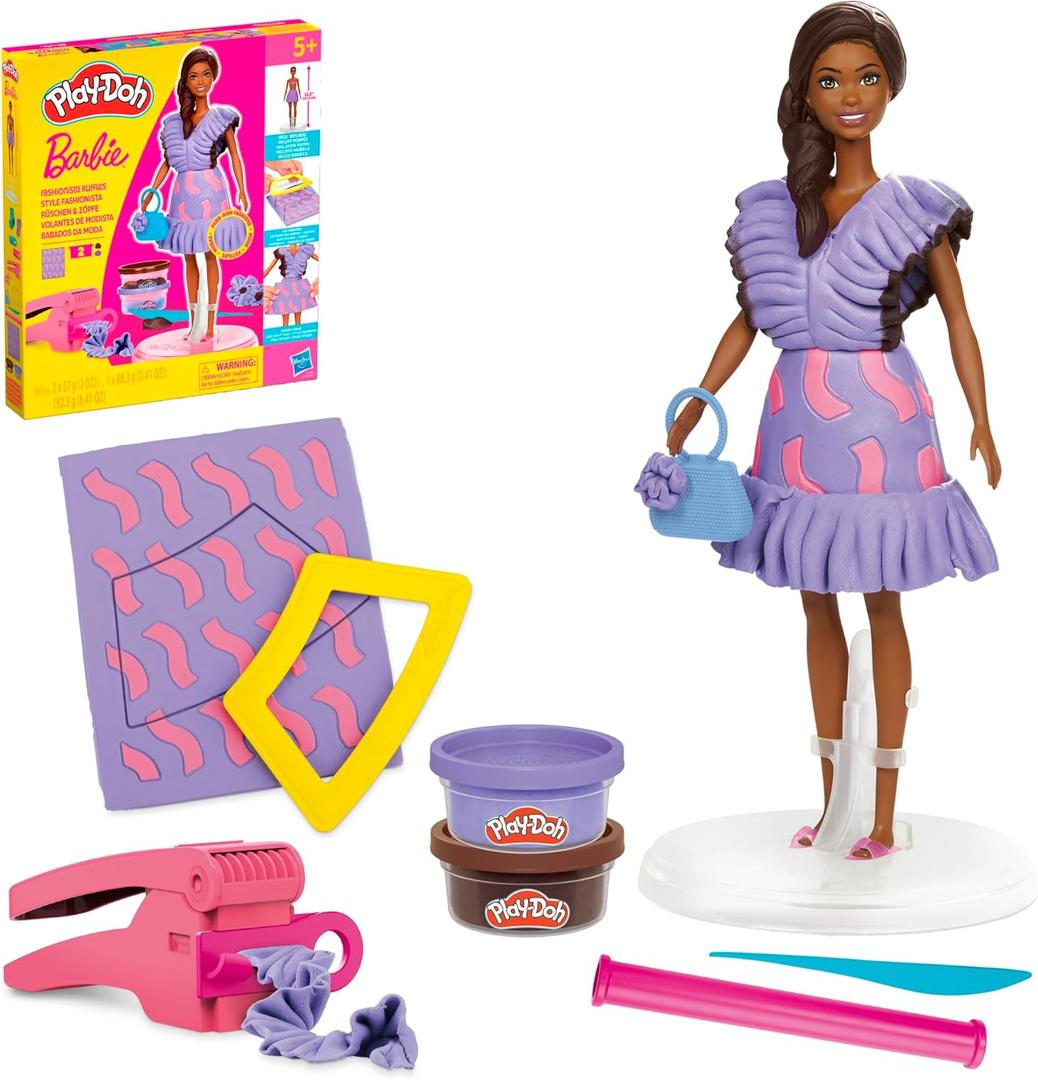 Play-Doh Barbie Fashionista Ruffles Set, Make Doll Clothes with Modeling Compound & 10 Fashion Accessories, Arts & Crafts for Girls & Boys 5+